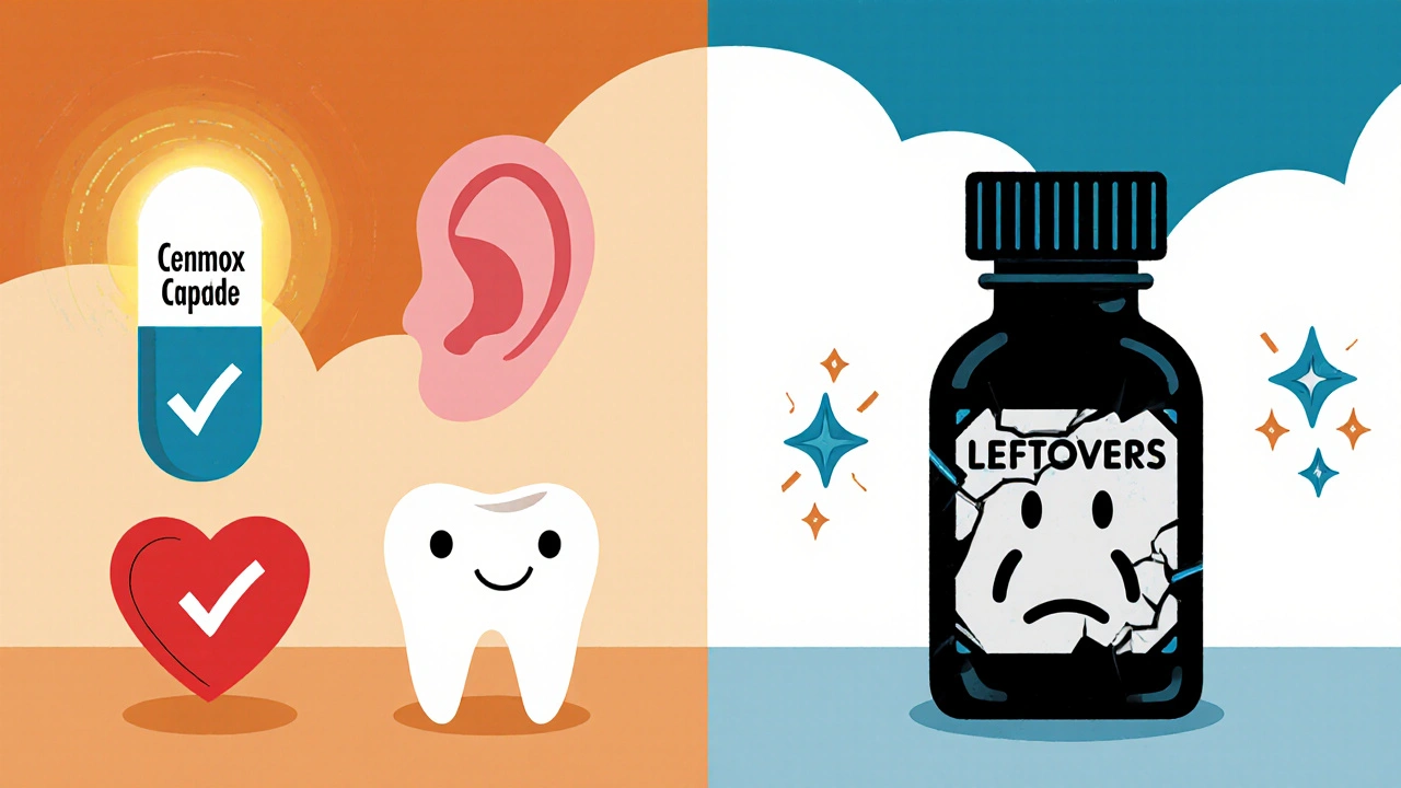 A split image showing proper antibiotic use vs. dangerous leftover medication with warning symbols.