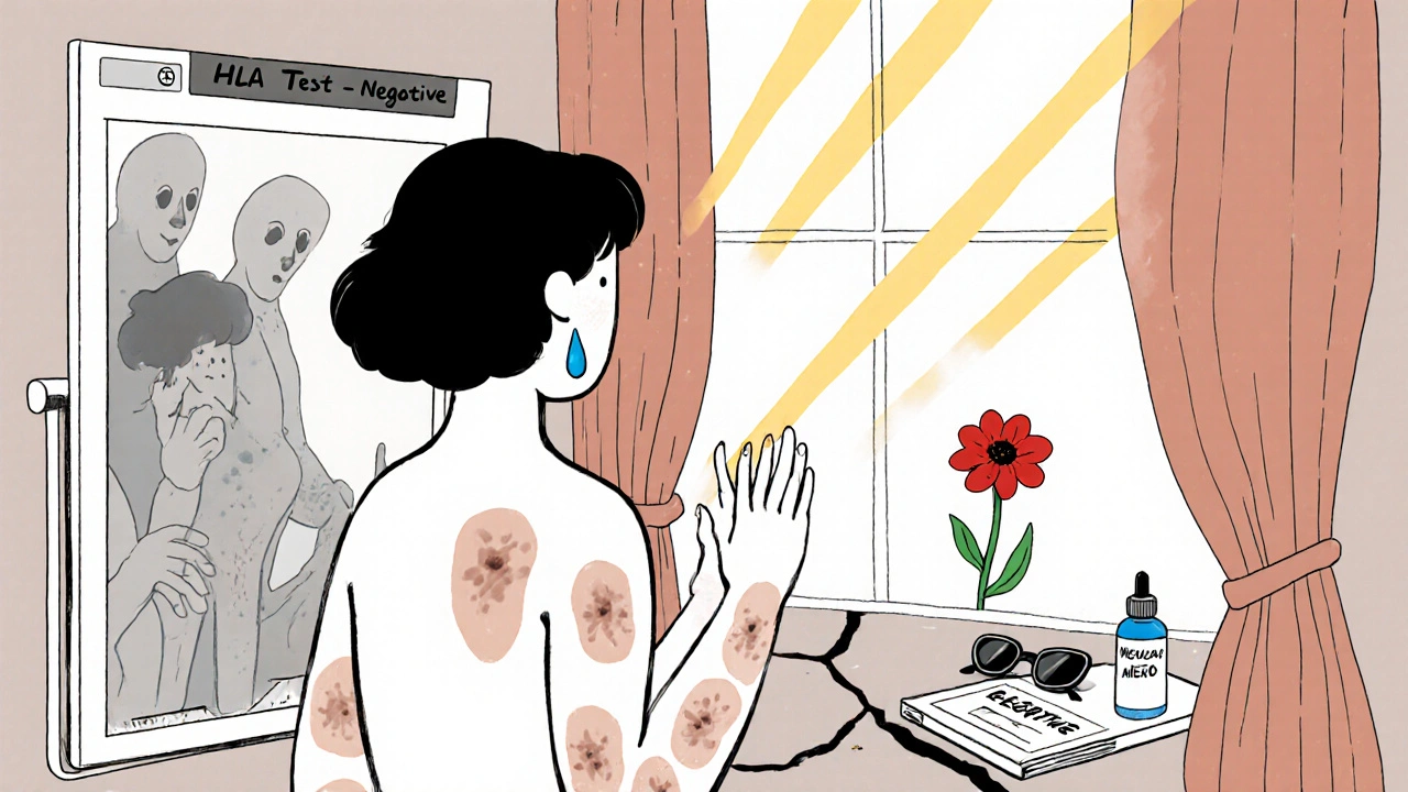 A survivor stands before a mirror with patchy skin and scars, ghostly drug shadows behind them, sunglasses and eye drops nearby.