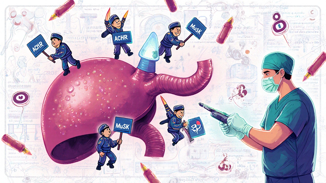 A thymus gland factory producing antibodies that attack muscle receptors.