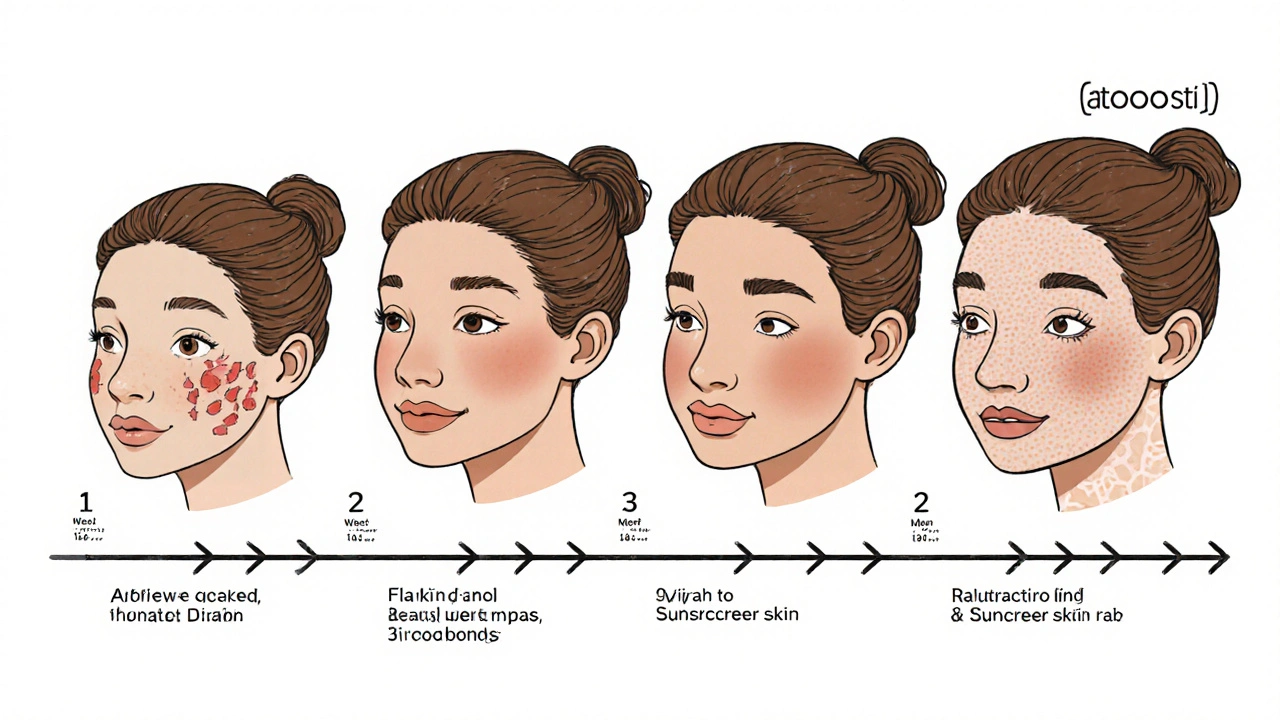 Cartoon timeline showing skin transformation from irritation to glow over 12 months with guiding icons.