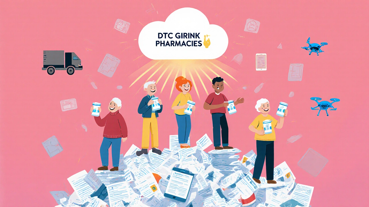 Diverse people celebrate with meds atop fallen pharmacy middlemen, with DTC cloud above.