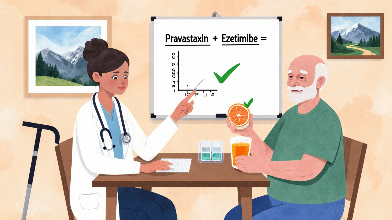 Doctor and senior at kitchen table discussing pravastatin and ezetimibe, grapefruit juice with checkmark visible.