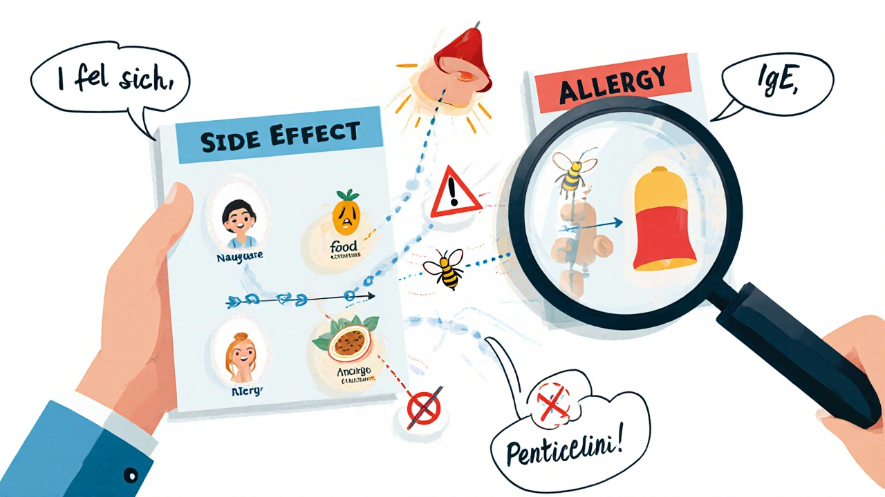 Doctor using a magnifying glass to compare side effect timeline and allergic reaction signs on a medical chart.