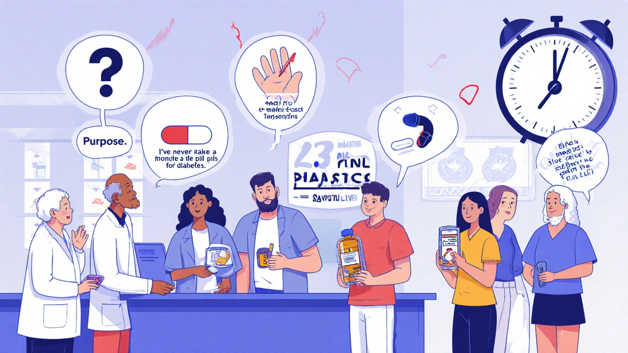 Four counseling checks illustrated above a pharmacy counter with patient insights in speech bubbles.