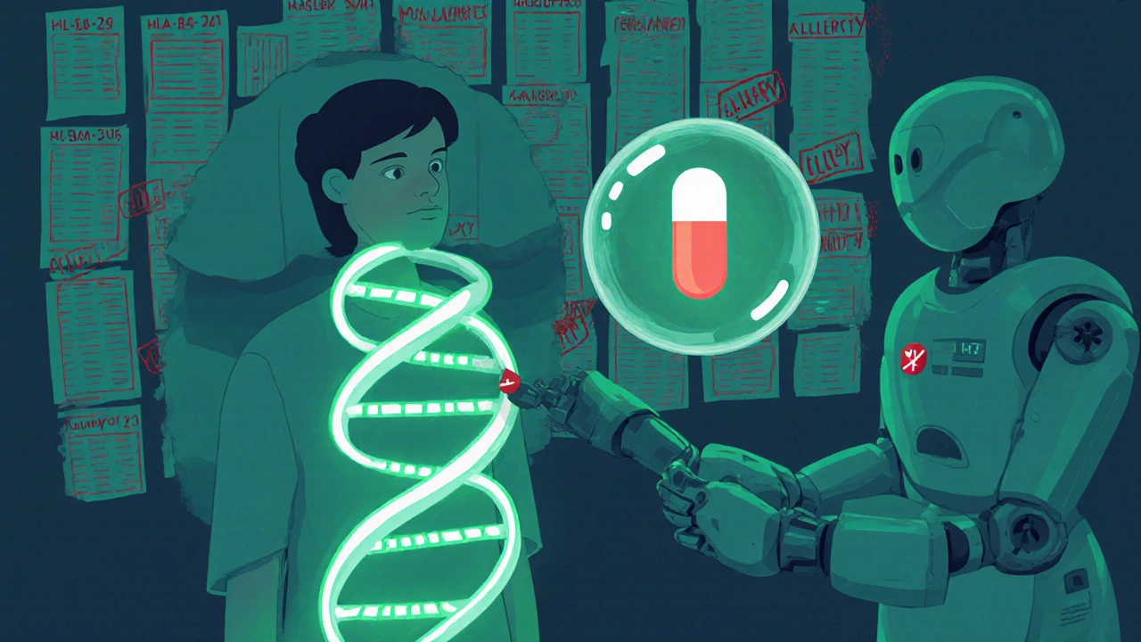 Futuristic scene with DNA strand glowing, robot giving penicillin, and old allergy labels being erased in a hospital.
