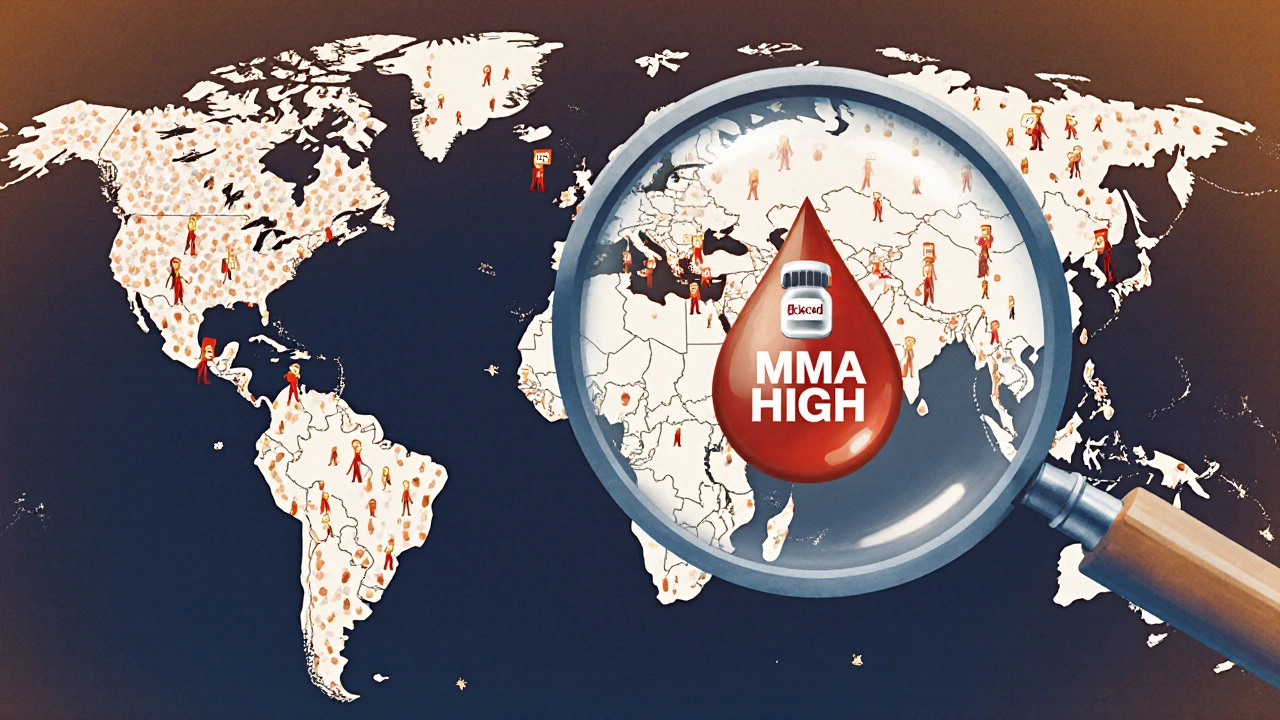 Global map of metformin users with B12 vials and a magnifying glass over a critical blood test.