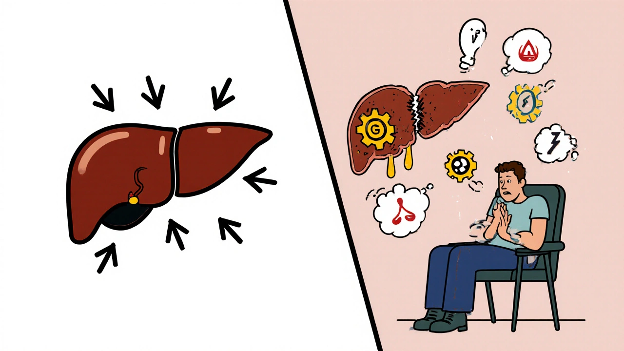 Healthy vs. diseased liver comparison showing opioid metabolism differences with exaggerated visual symbols of danger.