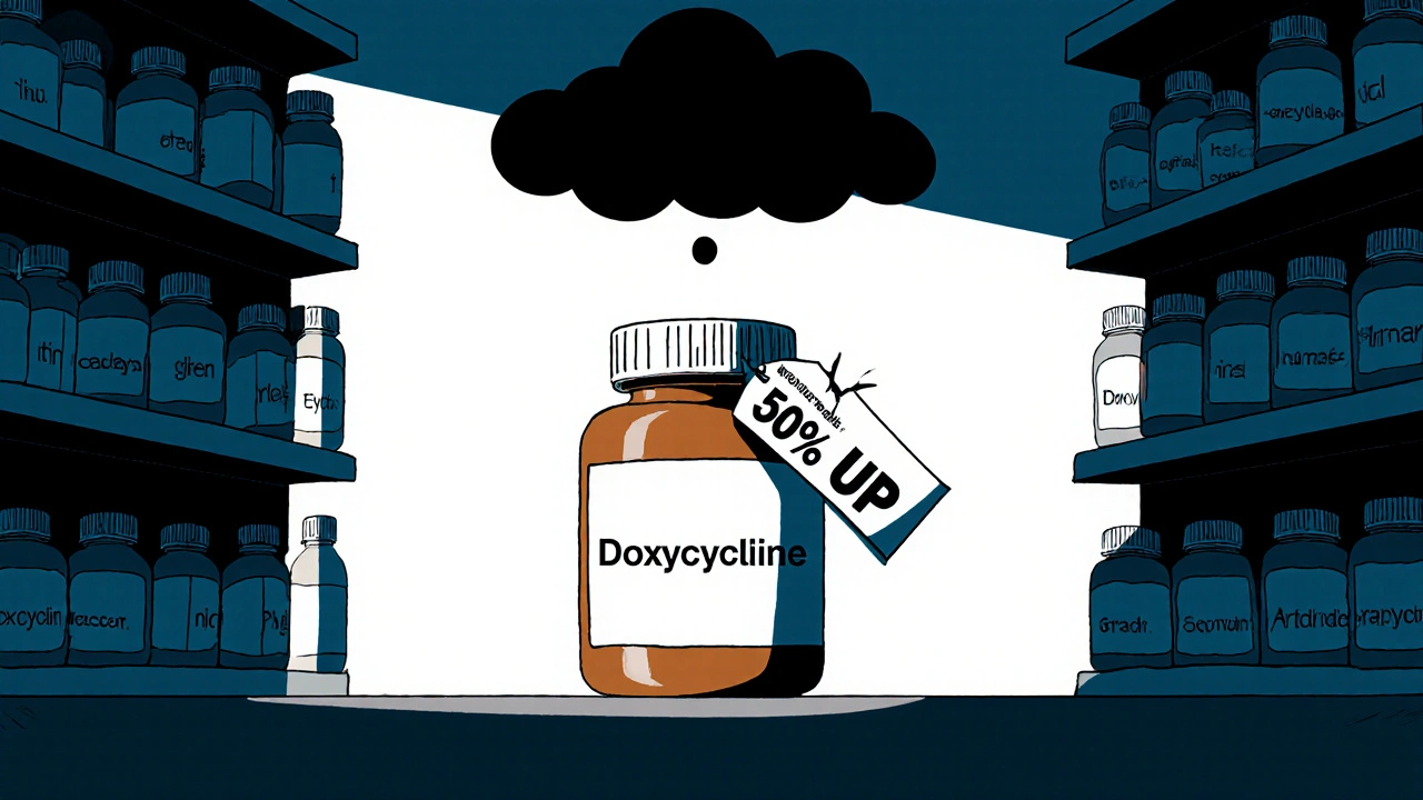 Isolated pill bottle with a spiked price tag under a dark cloud in a pharmacy