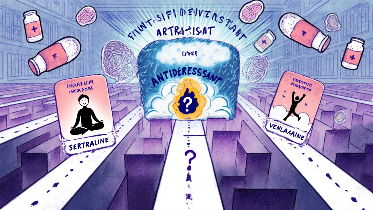 Maze of antidepressant choices with paths for anxiety, low energy, and severe depression