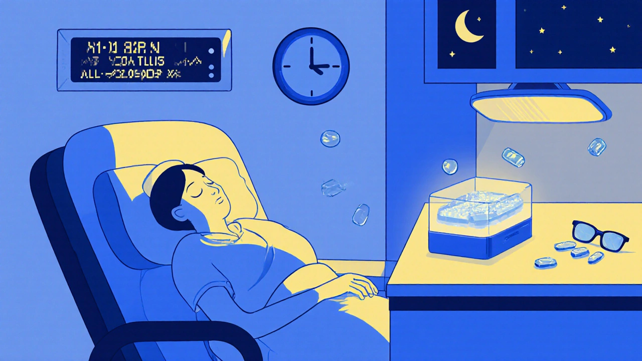 Nurse napping in break room with light box and &#039;Do Not Disturb&#039; sign during night shift.