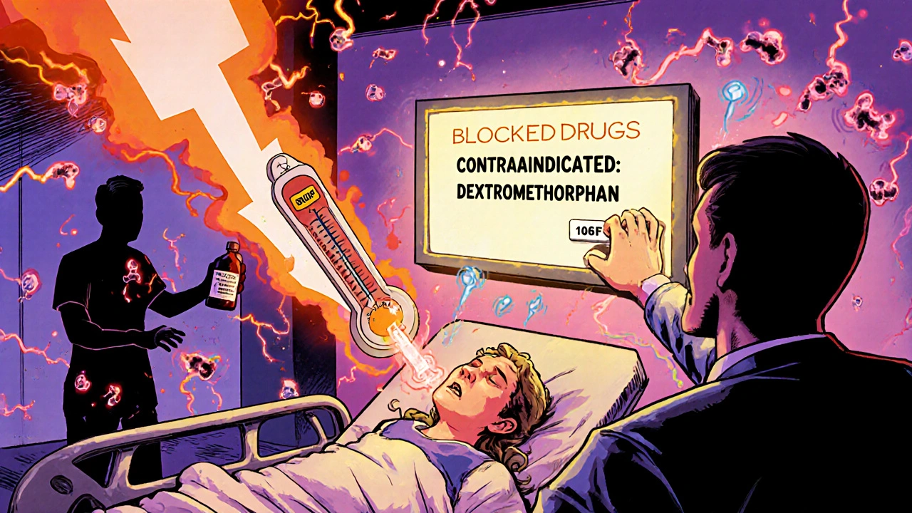 Patient in ER with high fever and serotonin lightning bolts while doctor blocks dangerous drug.