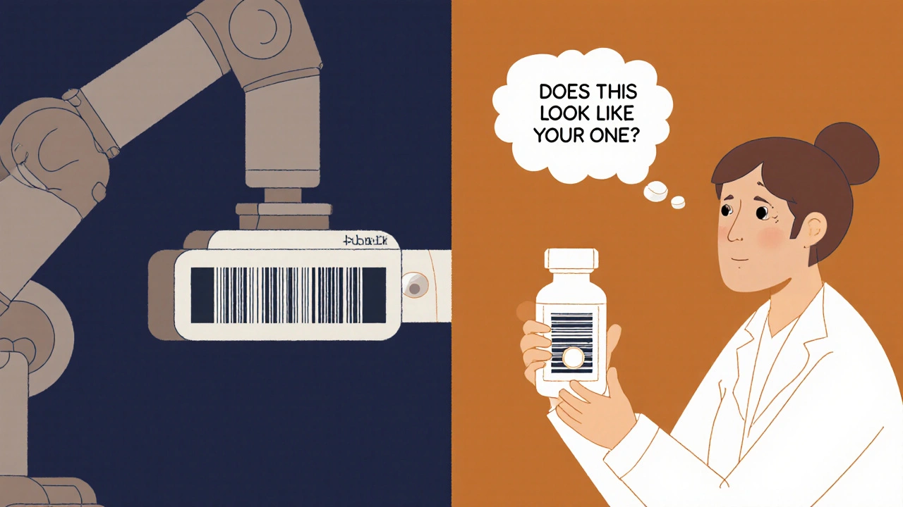 Patient notices a pill shape difference while pharmacist checks, contrasting automated system failure.