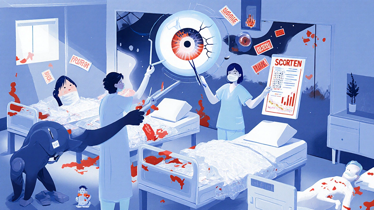 Patients in a surreal burn unit with floating drug labels, doctors using giant tweezers, and a giant eye receiving lubricant.