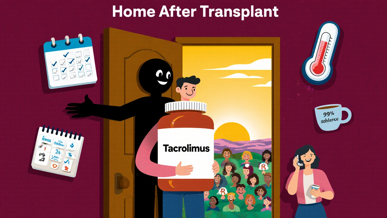 Person holding medication bottle at home, with symbols of adherence, rejection, and care team nearby