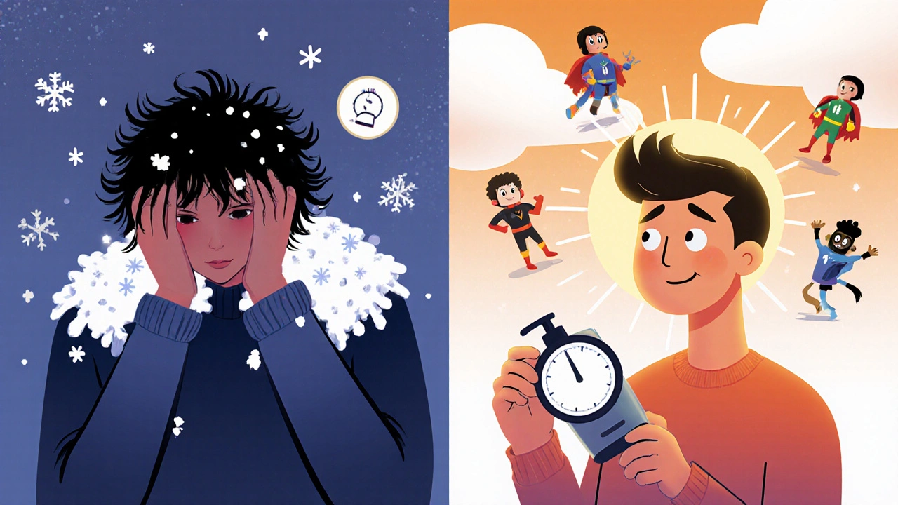 Person with seborrheic dermatitis before and after treatment, showing winter stress vs. successful routine.