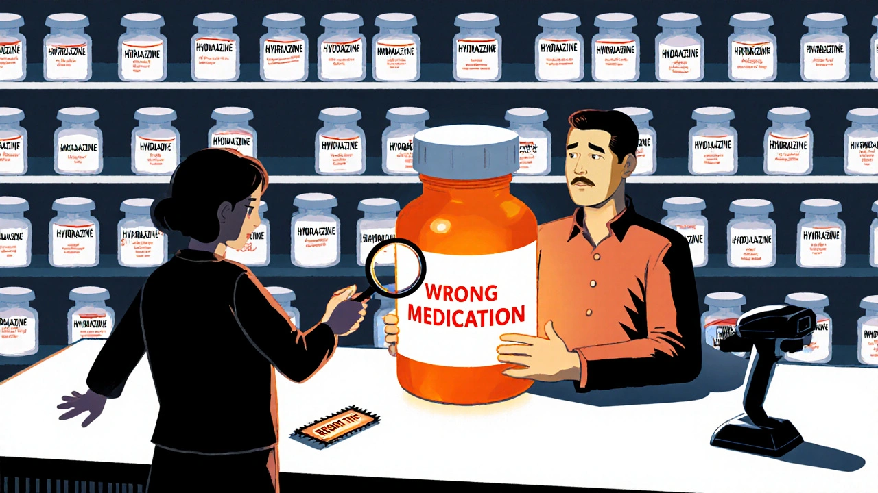 Pharmacist holding wrong medication bottle while customer points with magnifying glass.