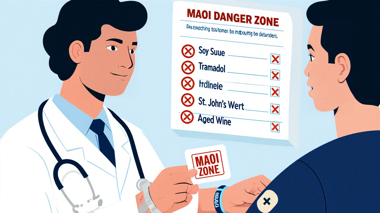 Psychiatrist giving MAOI safety card with forbidden items floating in the background.
