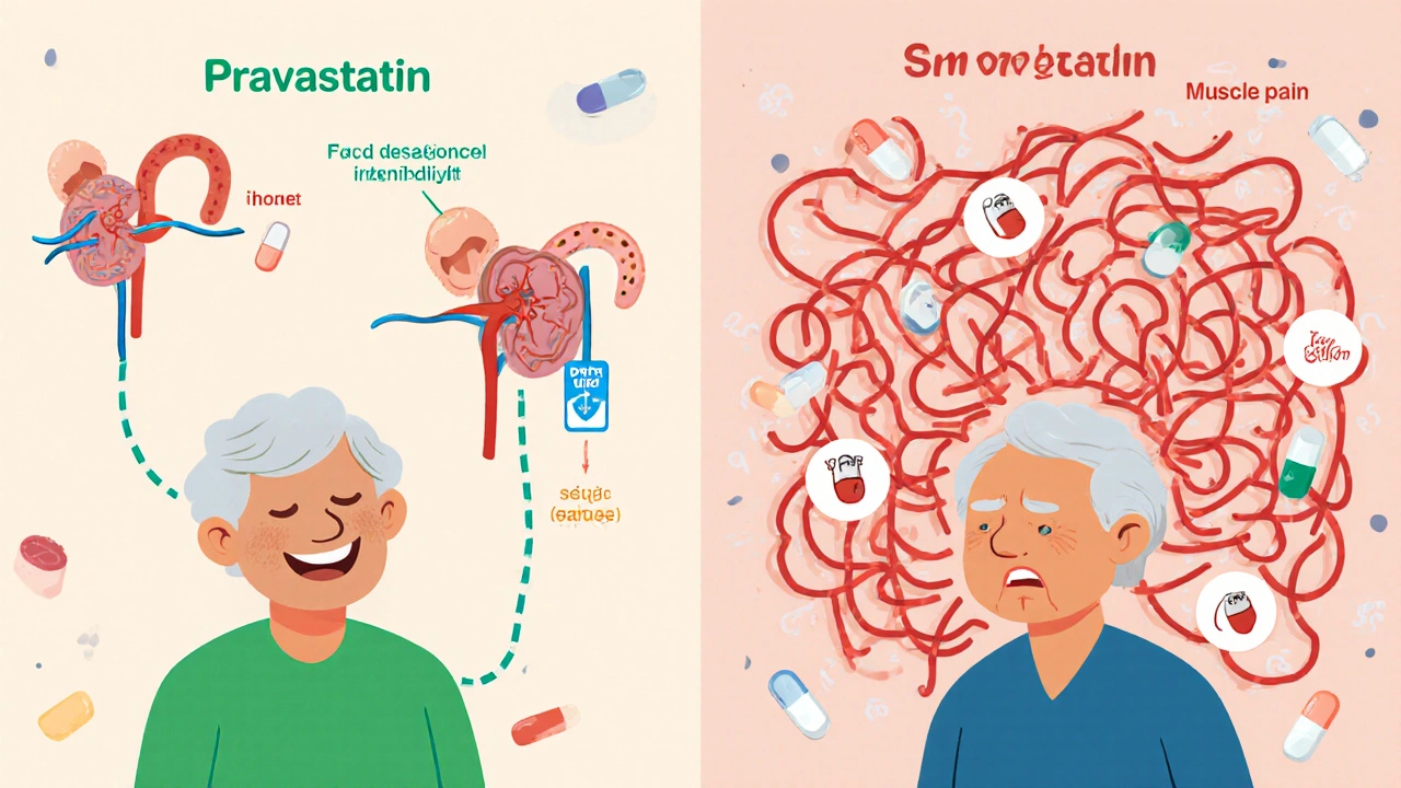 Side-by-side cartoon of two seniors: one calm with clear pathways, the other in pain with tangled red lines.