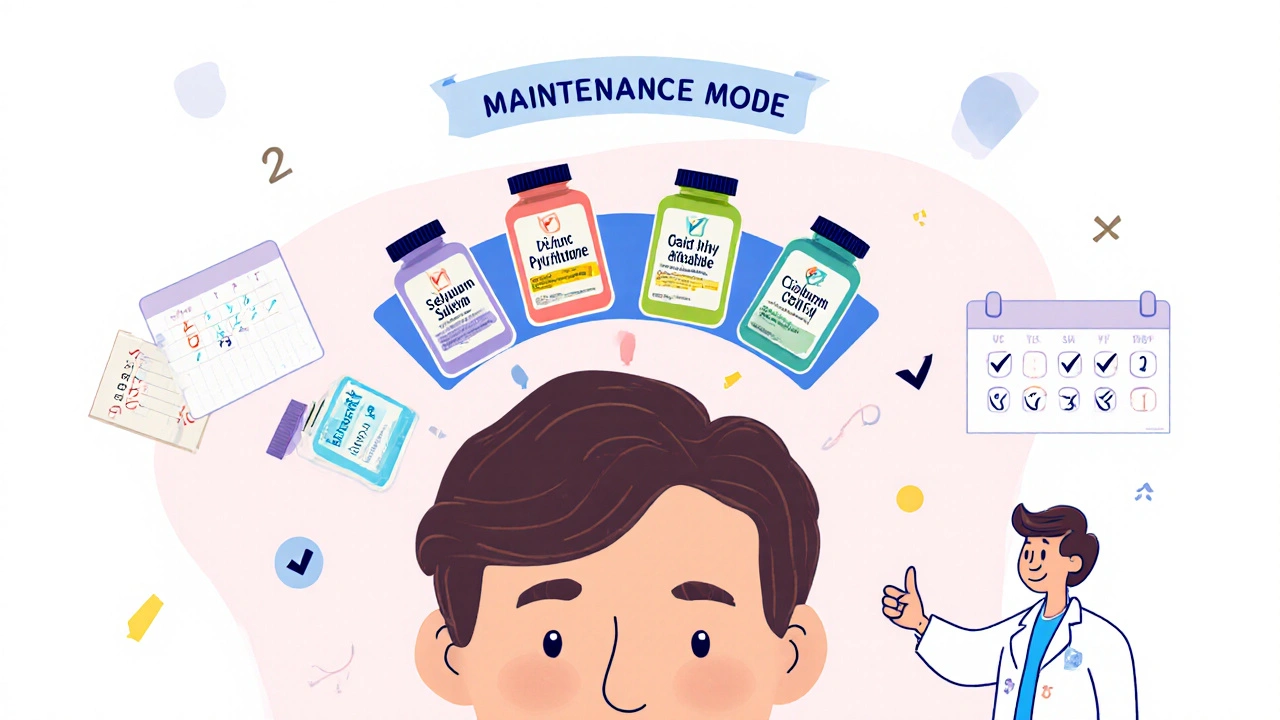 Six medicated shampoos spinning on a carousel above a healthy scalp with weekly maintenance calendar.