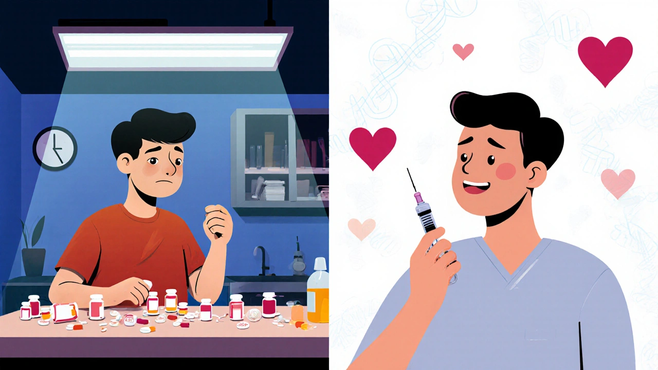 Split scene showing daily pills versus a single injection, representing emotional freedom from HIV treatment burden.