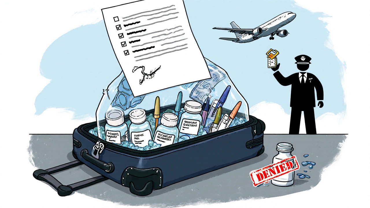 Suitcase packed with labeled meds, ice packs, and doctor’s letter, as a denied pill bottle is stamped on the tarmac below.