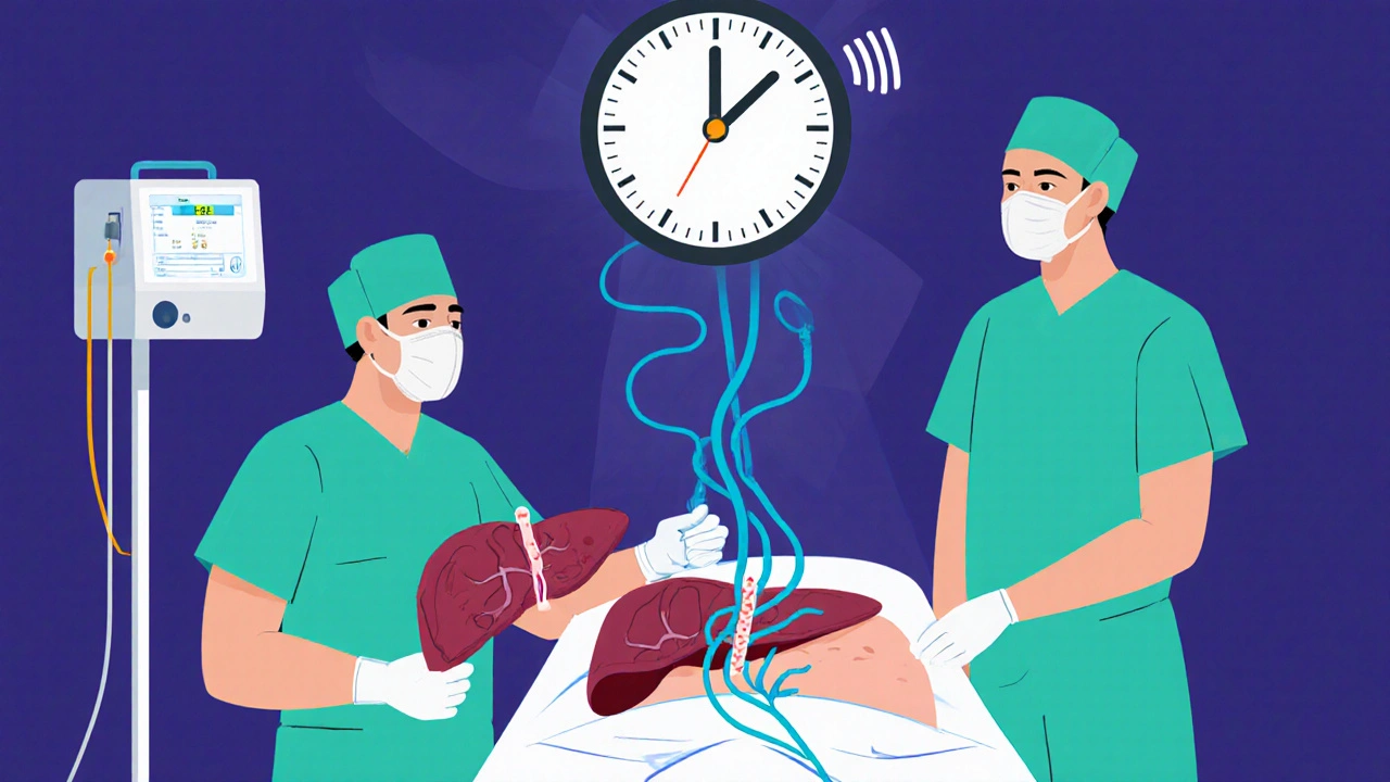 Surgeons connecting a donor liver during transplant, with a regrowing liver and perfusion machine in background