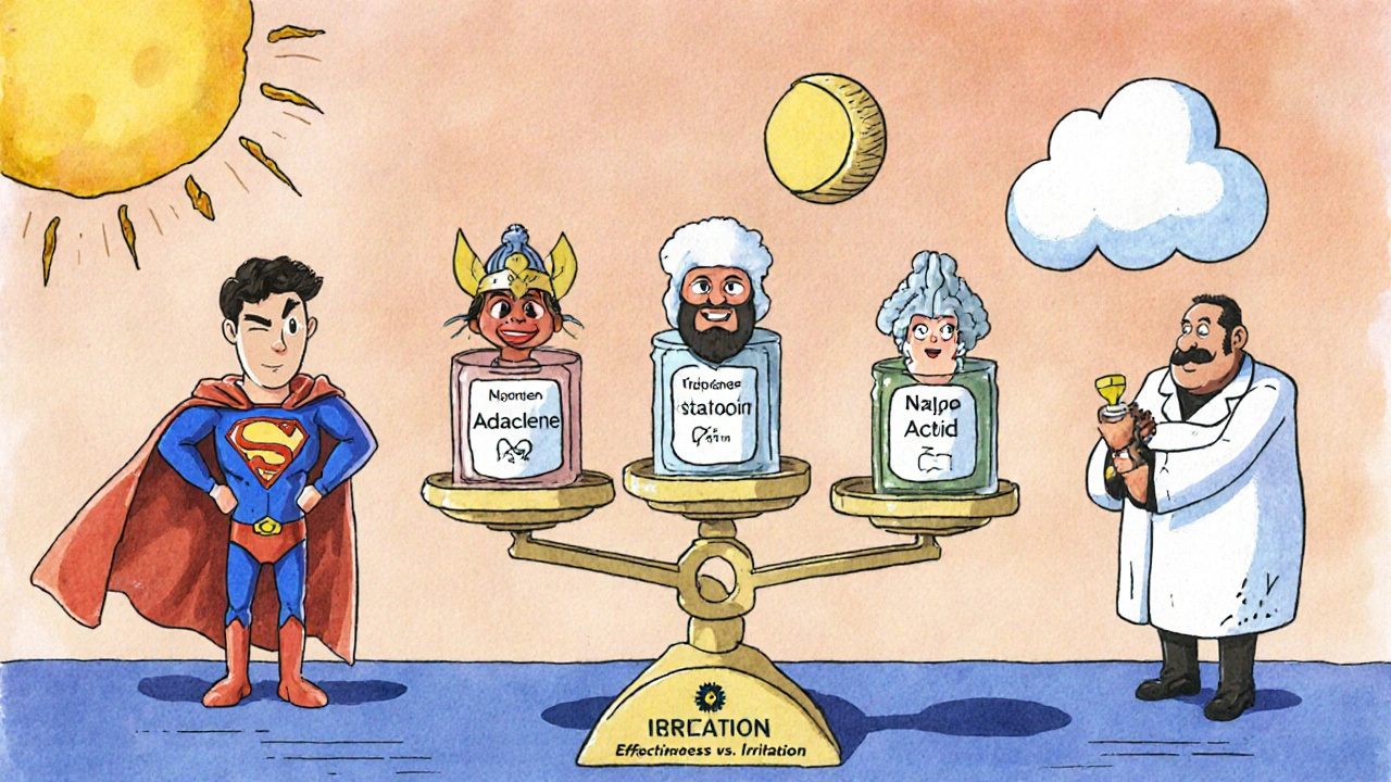 Whimsical characters representing different retinoids on a dermatologist’s bench, labeled by effectiveness and irritation.