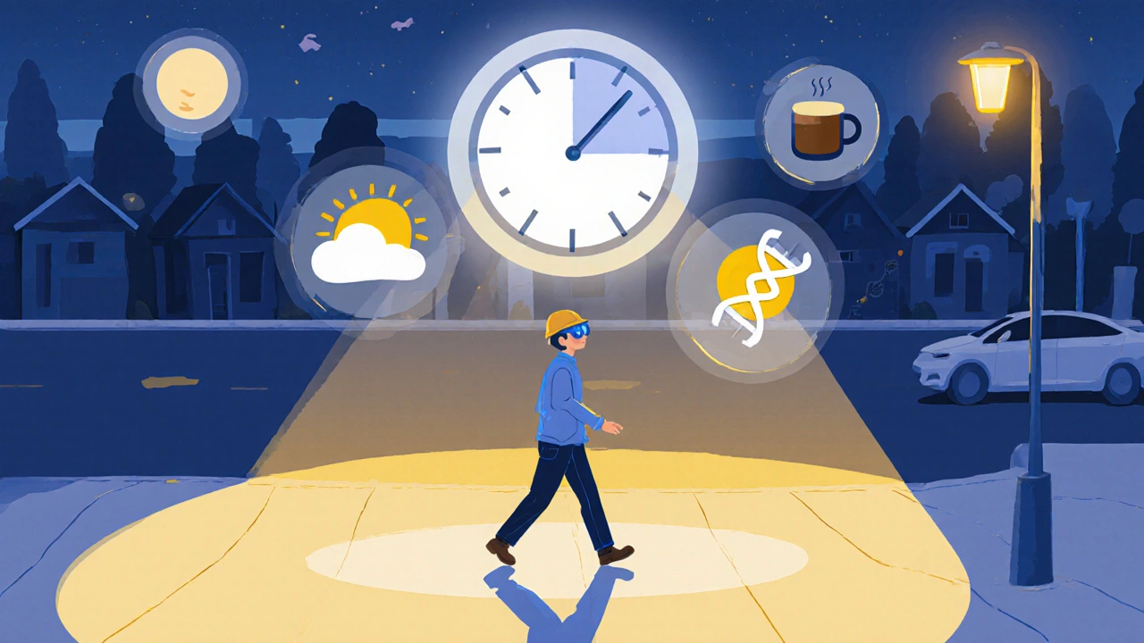 Worker commuting at dawn wearing blue glasses, ghostly circadian clock floating above.