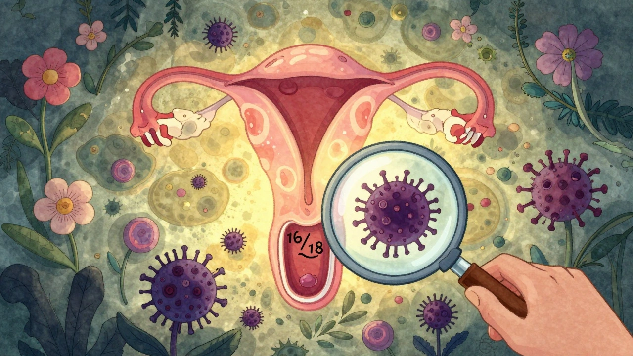 A cervix garden with healthy flowers and dangerous weeds being removed by a test-tube magnifier.