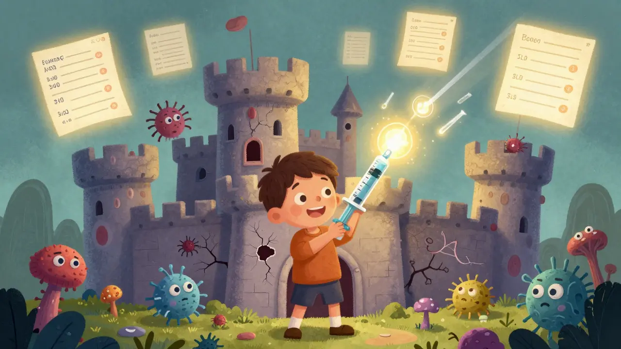 A child&#039;s immune system as a crumbling castle under attack, with vaccine antibodies defending and telangiectasias visible as cracks.