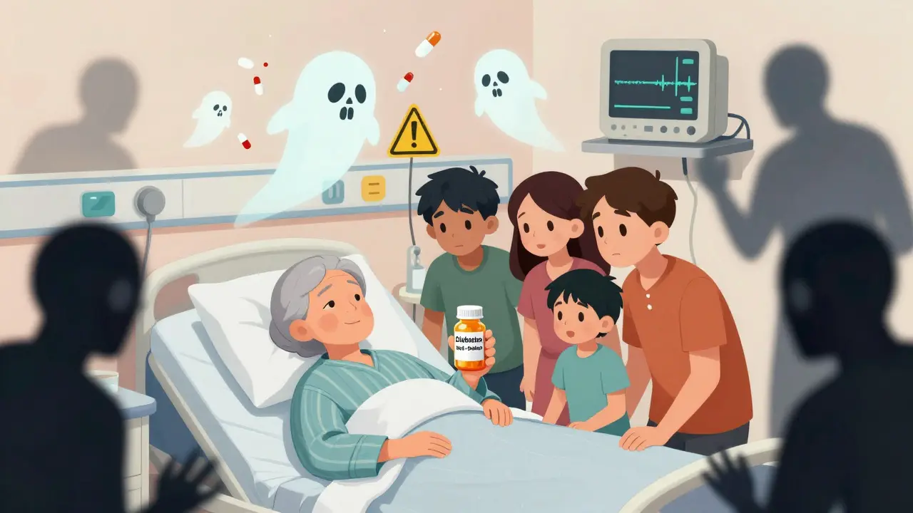 A family in a hospital as ghostly pills turn to skulls, representing the dangers of counterfeit medication.