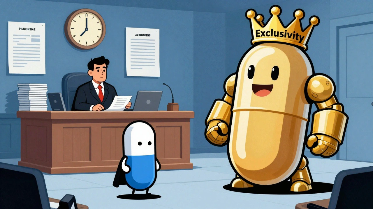 A generic tablet battles a crowned brand-name pill in court, surrounded by patent documents and a ticking 30-month clock.