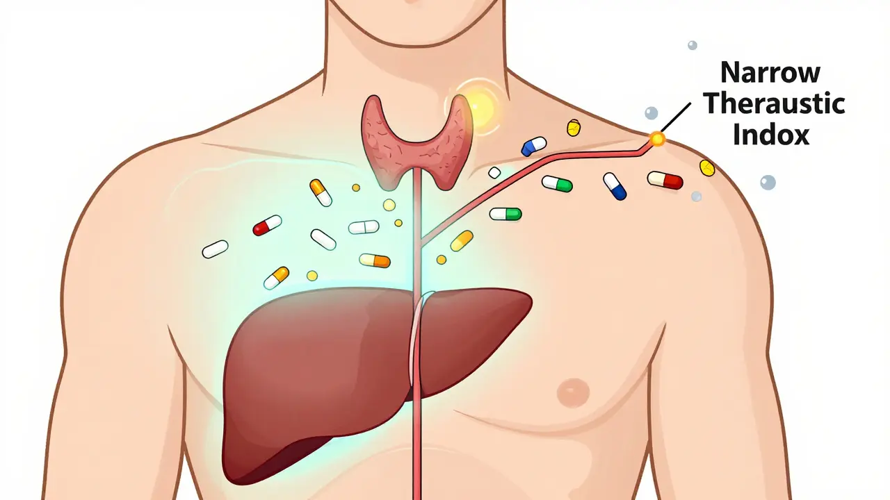 A patient's body with a glowing zone around the thyroid, showing slight variation in generic pill absorption rates.