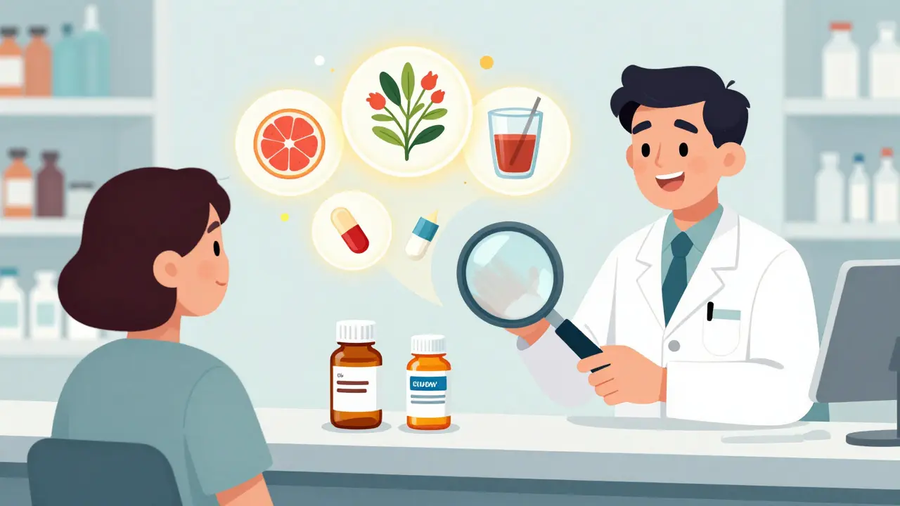 A pharmacist handing a generic pill while warning symbols like grapefruit and herbs float above, but the pills remain unaffected.