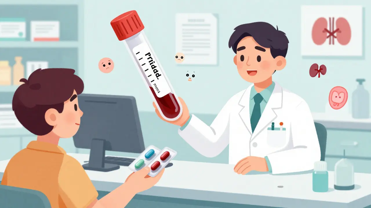 A pharmacist handing two lithium pills to a patient, while a blood test tube shows a dangerous spike in lithium levels.