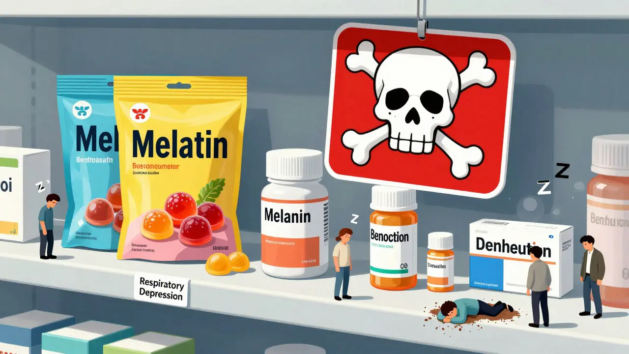 A pharmacy shelf with melatonin gummies and sedative bottles under a giant skull warning, with drowsy cartoon figures stumbling around.