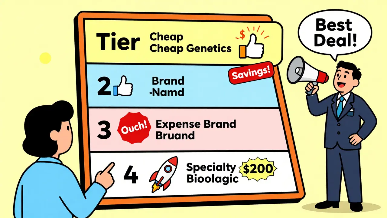 A tiered drug menu displayed like a diner menu, with four levels showing increasing drug costs and symbolic icons representing each tier.