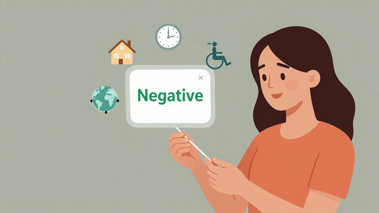 A woman self-collecting an HPV sample at home with a positive digital result floating above.