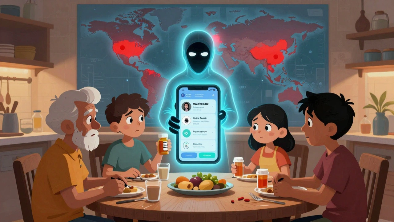 An elderly person holding a fake pill bottle while a criminal ghost hovers over their phone.