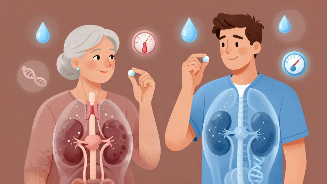 An elderly woman and young man with transparent bodies showing how lithium moves differently in aging versus younger kidneys and thyroid.
