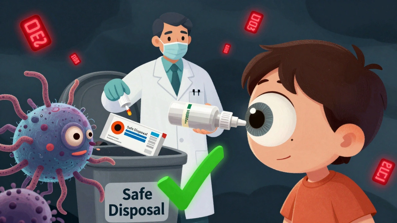 An eye drop bottle turning into bacteria threatening an eye, while a pharmacist discards expired meds safely.