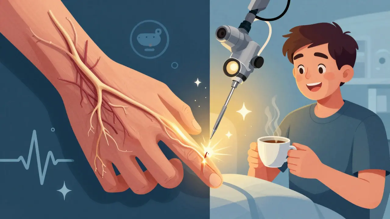 Before-and-after surgical comparison of carpal tunnel hand, nerve restored and grip recovered