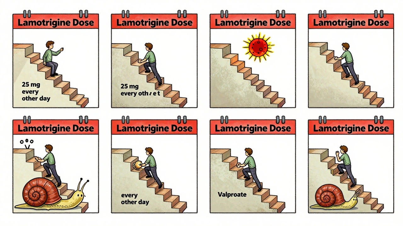 Calendar staircase showing slow lamotrigine dose increase with valproate snail