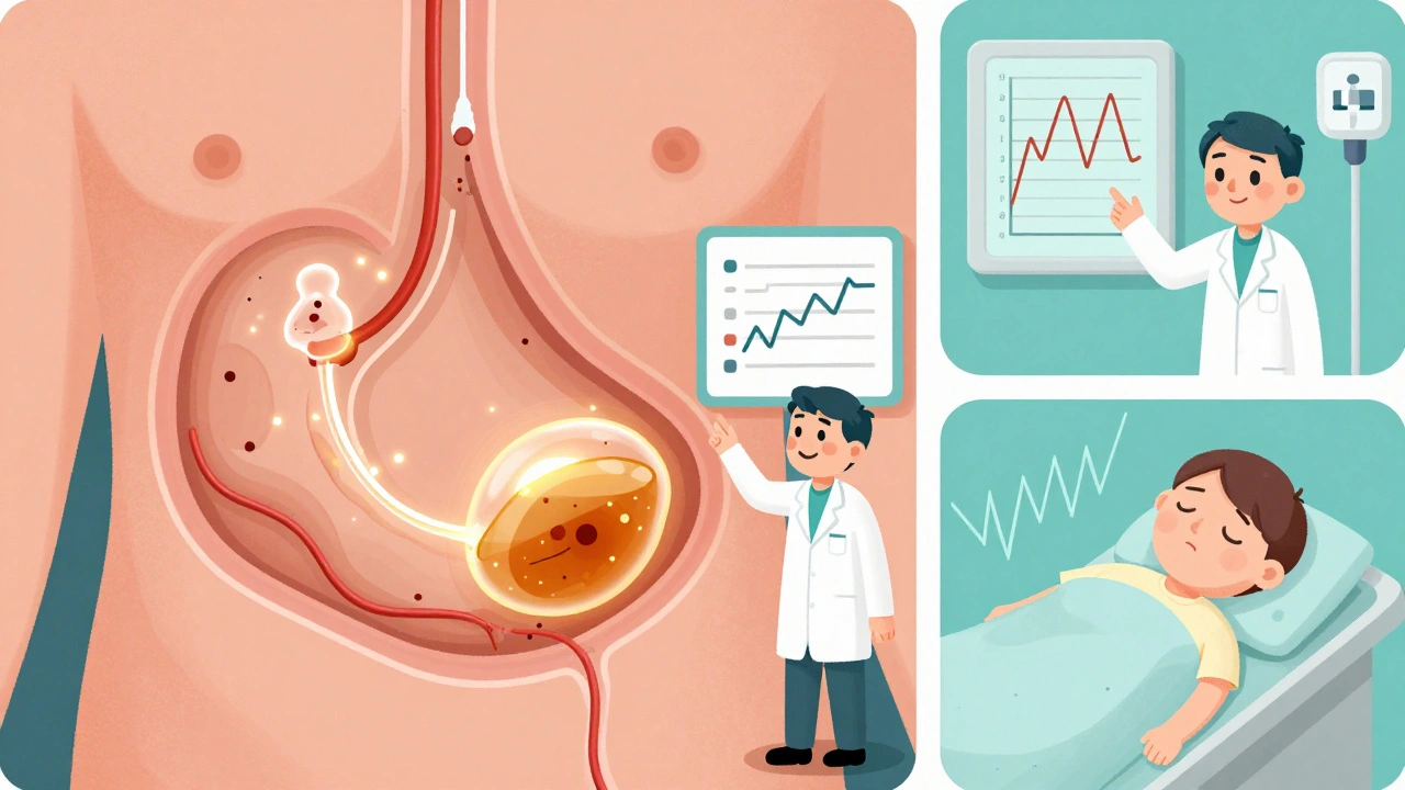 Cross-section of abdomen showing peritoneal dialysis fluid filtering waste, with contrasting blood pressure graphs.