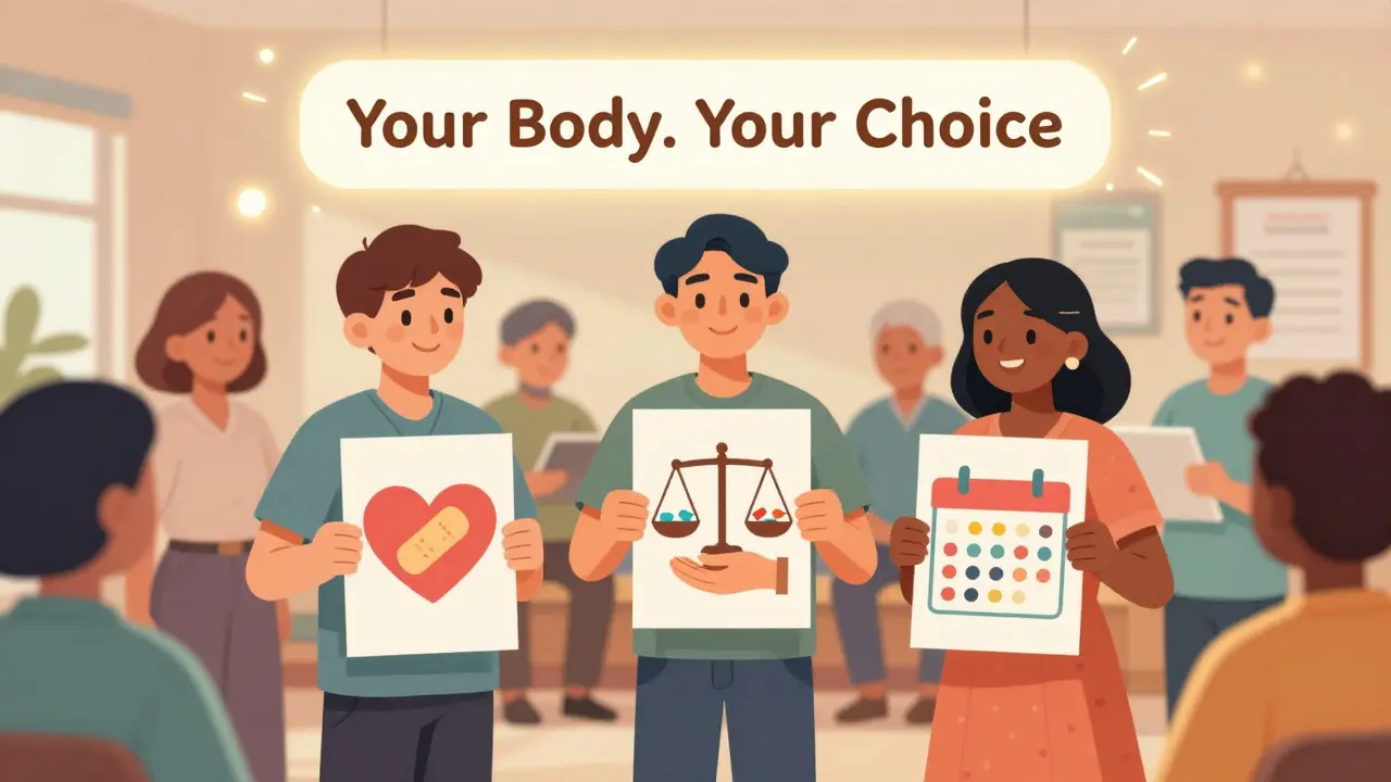 Diverse patients holding personalized decision aids with icons representing their health priorities, under a glowing 'Your Body. Your Choice' banner.