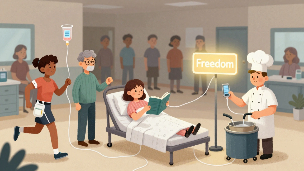 Diverse patients living actively with peritoneal dialysis, while clinic scenes fade in background.