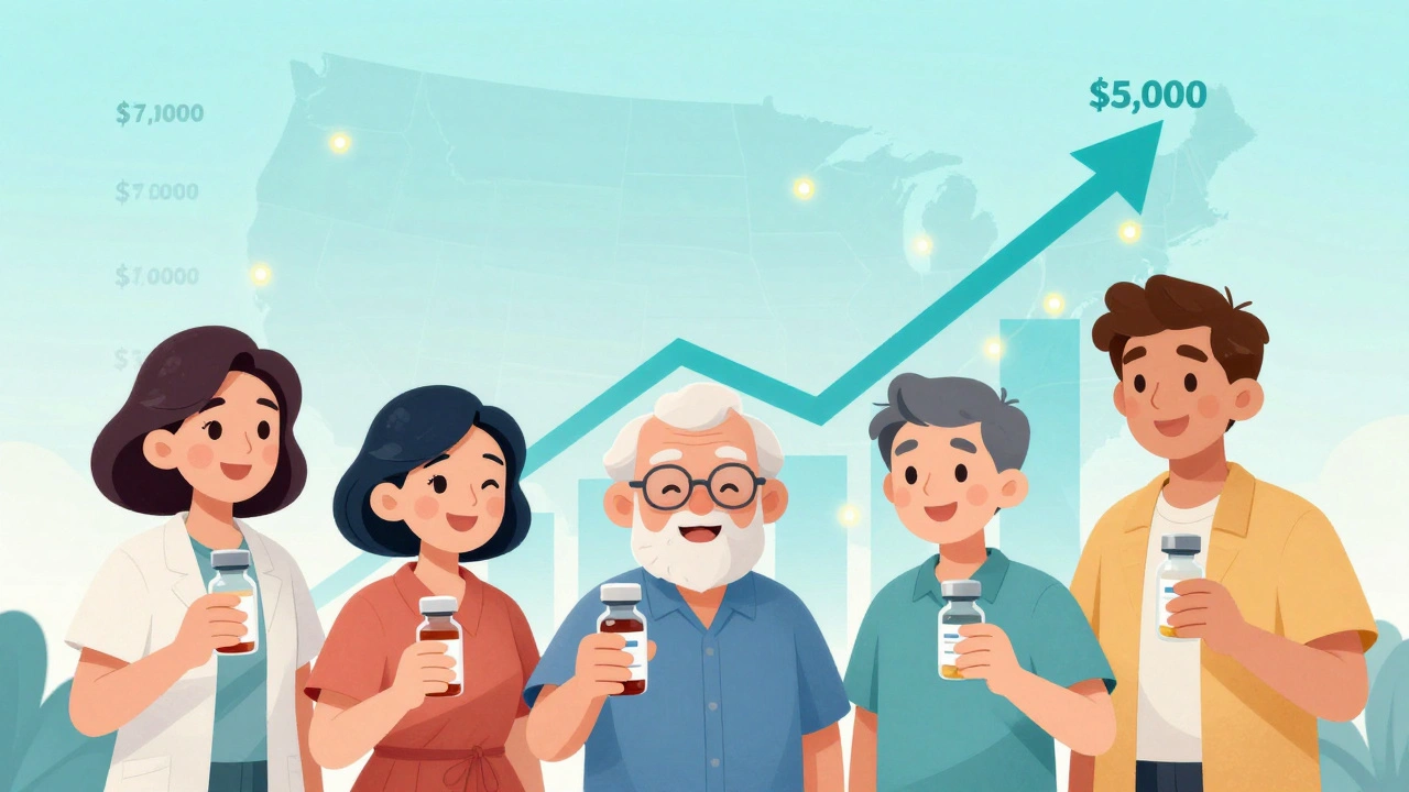 Diverse patients smiling with biosimilar bottles in front of a rising savings graph.