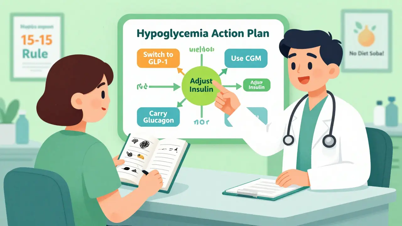 Doctor and patient reviewing hypoglycemia action plan with colorful flowchart in clinic.