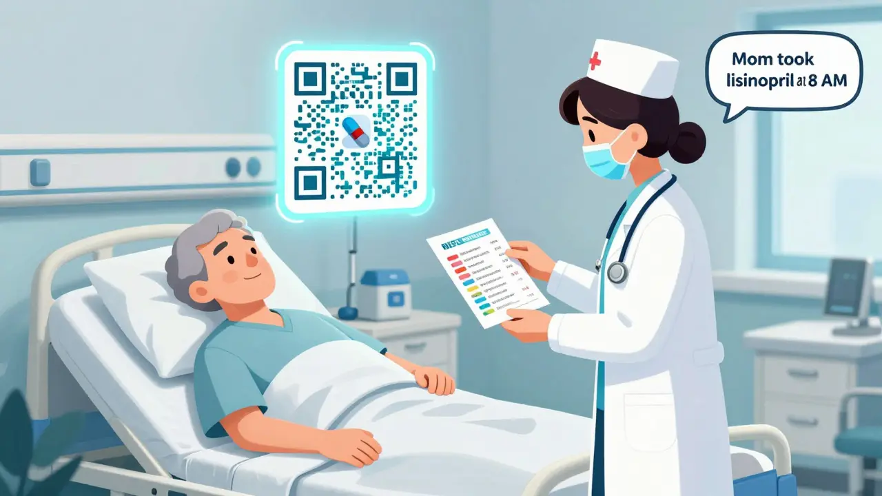 Emergency room nurse giving a printed medication list to a doctor while a QR code above the patient displays animated pill images.