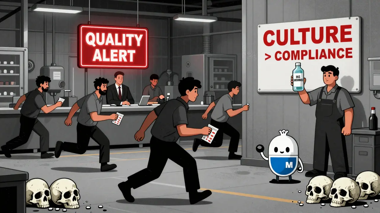 Factory workers rushing past ignored quality alerts, janitor holding contaminated glycerin, QMM mascot standing firm.